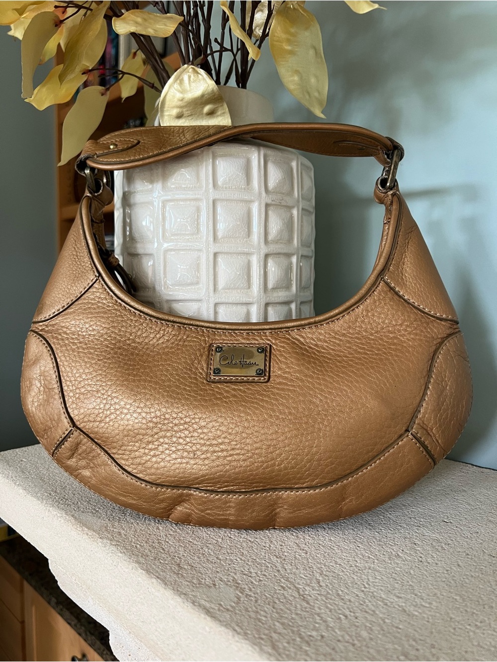 Cole Haan Metallic Bronze / Gold Pebbled Leather Crescent Shoulder Bag